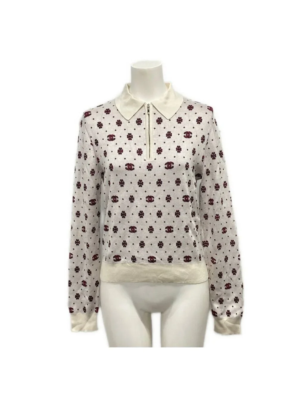 Chanel Long Sleeve Sweater 34 White Pink CC Logo Half Zip Clover Cotton Silk